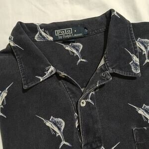 VTG POLO by Ralph Lauren large Navy Blue 100% cotton SAILFISH polo short-sleeved